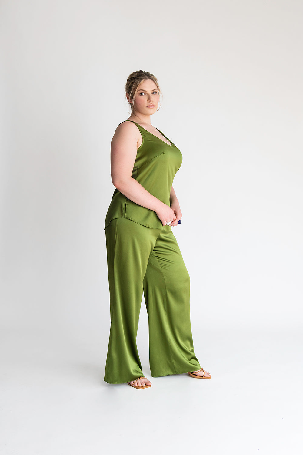 Green silk palazzo pants