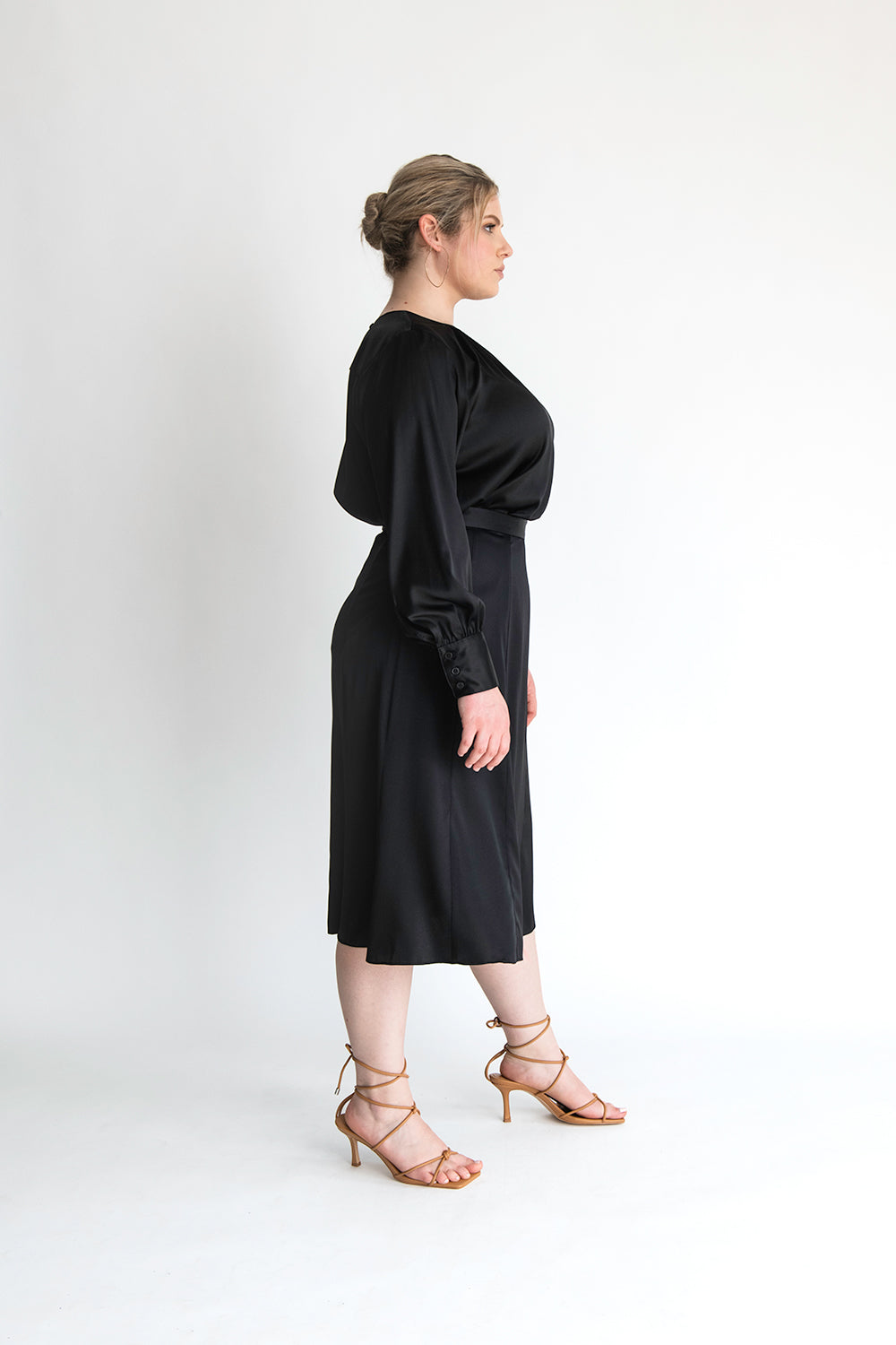 Black silk midi skirt