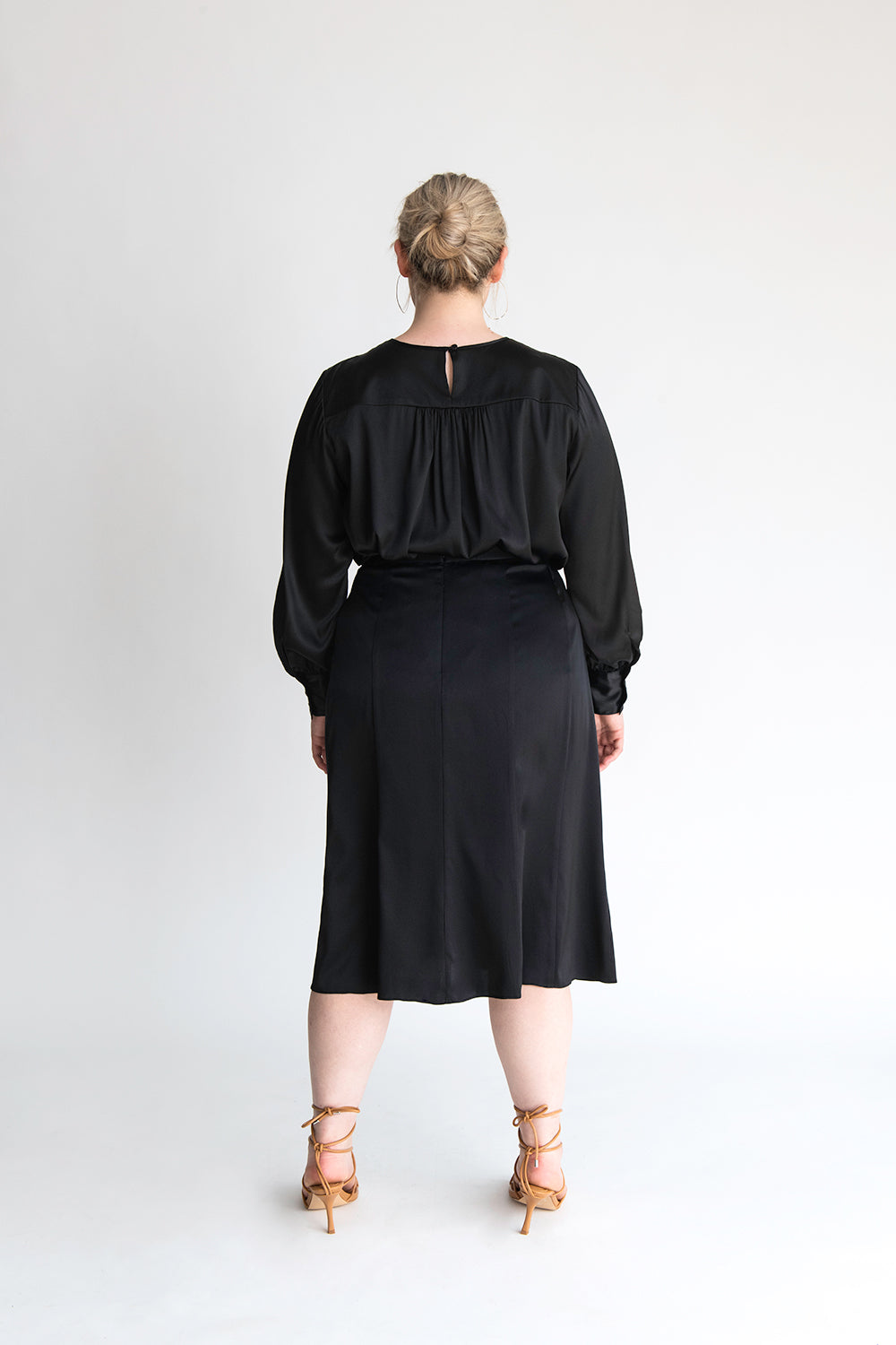 Black silk midi skirt outfit